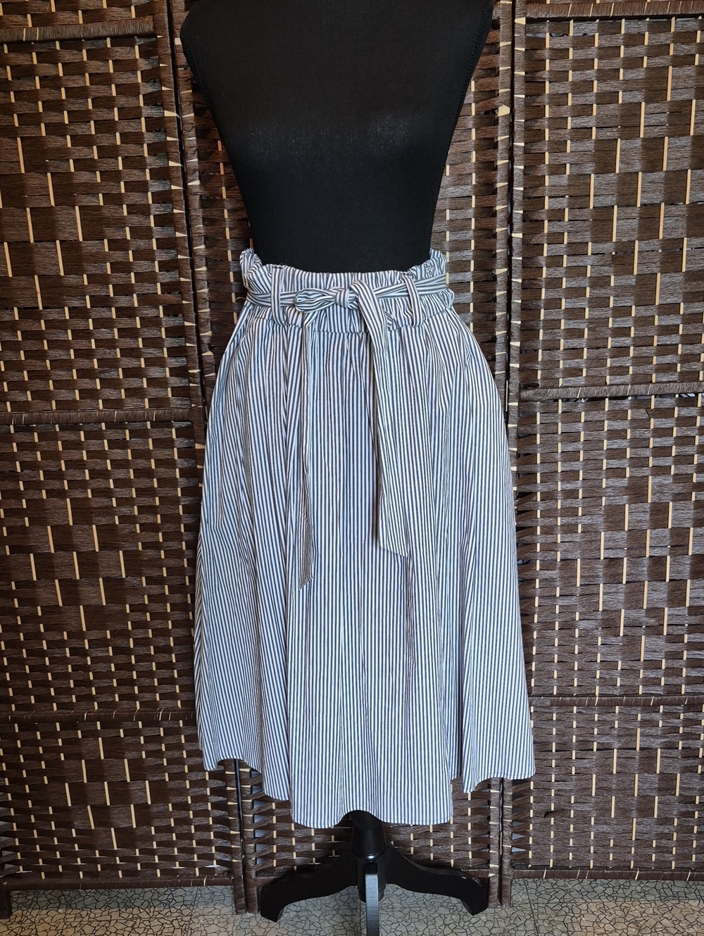 MICHAEL Michael Kors Blue and White Striped Paperbag Midi Skirt